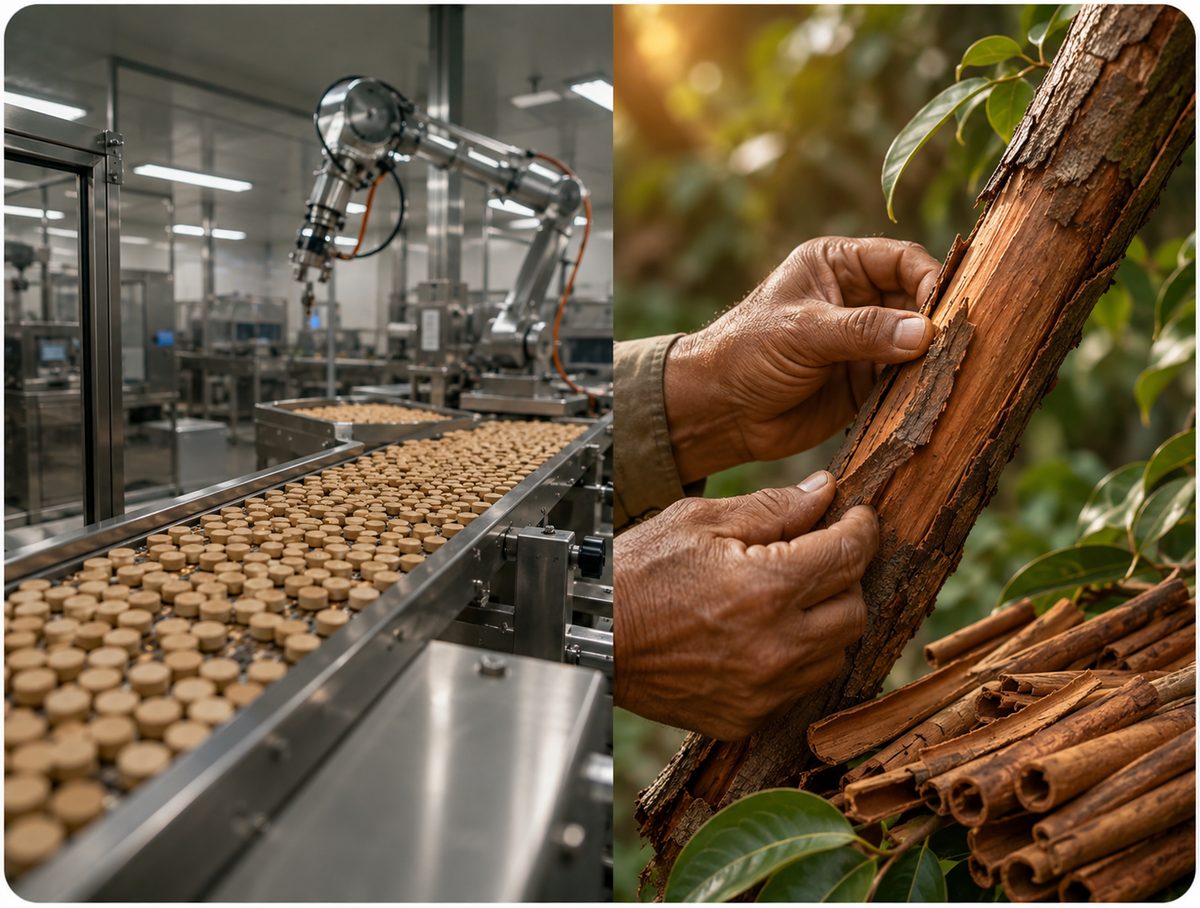 Supplement manufacturing and Ceylon cinnamon harvesting