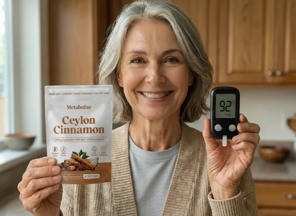 Customer holding Fascigen Ceylon Cinnamon and glucose monitor